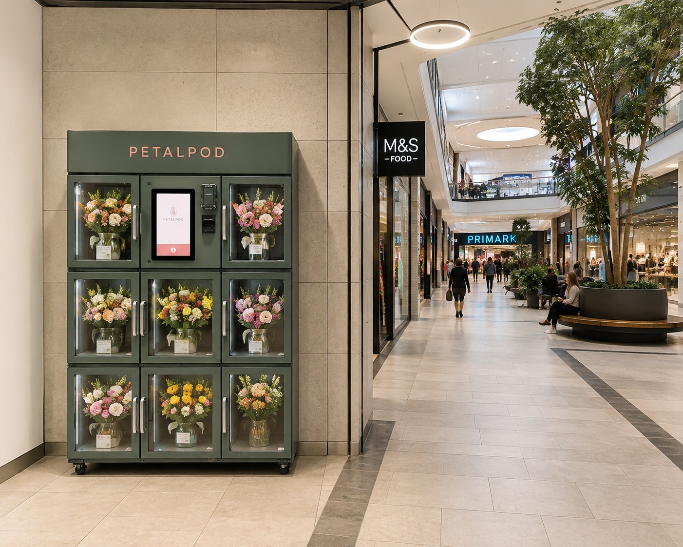A PetalPod flower vending machine in a shopping centre